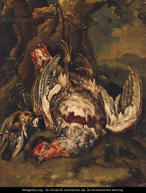 A woodcock and a bullfinch tied to a tree; and A partridge and a great tit tied to a tree - (after) Ferdinand Phillip De Hamilton