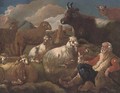 A shepherd resting with his cattle in a mountainous landscape - (after) Philipp Peter Roos