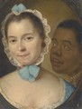 Portrait of a lady, bust-length, in a blue lace-trimed dress and cap, with a servant, feigned oval - (after) Mercier, Philippe