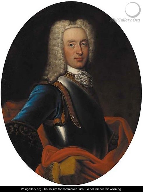 Portrait of a gentleman, half-length, in a blue coat, red wrap and breastplate - (after) Mercier, Philippe