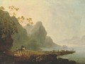 Wooded lakeside landscape with figures and horses in the foreground and figures, livestock and a ferry beyond - (after) Loutherbourg, Philippe de