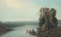 Fishermen in a boat before a tower ruin, in an extensive landscape - (after) Loutherbourg, Philippe de