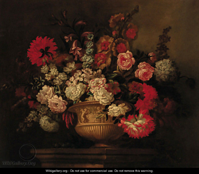 Roses, lilies, narcissi, marigolds and other flowers in a sculptured urn on a plinth - (after) Pieter Casteels