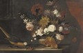Roses, tulips, lilies and other flowers in a stone urn with a parrot on a ledge - (after) Pieter Casteels III
