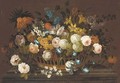 Lillies, tulips, roses, hydrangea, lilac, chrysanthemums, and other flowers in a basket, on a marble plinth - (after) Pieter Casteels III