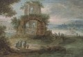 A wooded river landscape with travellers at rest by classical ruins - (after) Pieter Bout