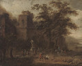 A wooded landscape with shepherds conversing by a fountain, classical ruins beyond - (after) Pieter Bout