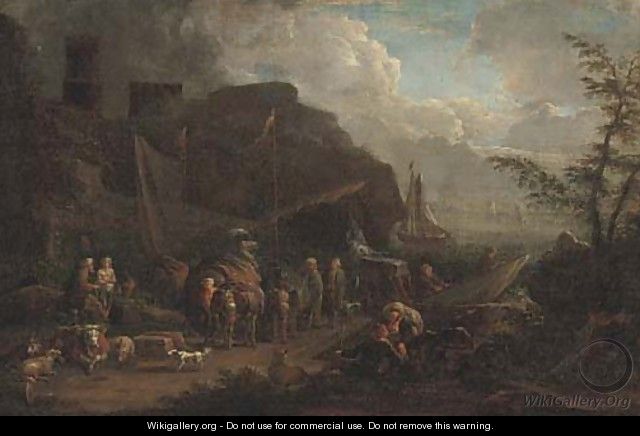 A harbour scene with stevedores on the shore - (after) Pieter Bout