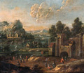 Travellers on a path by a ruined castle - (after) Pieter Bout