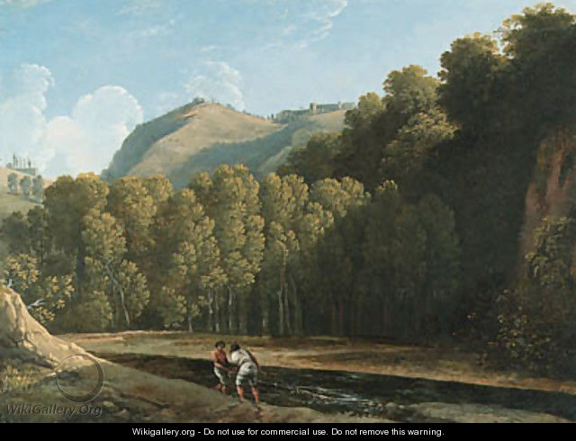 An Italianate wooded landscape with two fishermen by a stream - (after) Pierre-Henri De Valenciennes