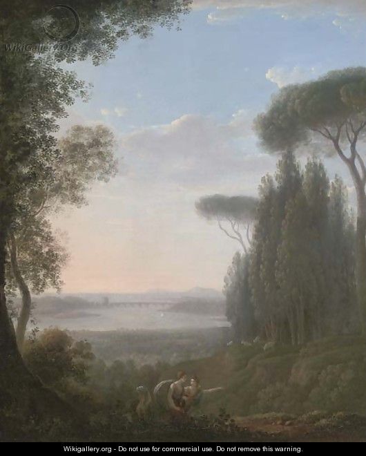 A wooded hilltop landscape with figures in the foreground, a bridge over a lake beyond - (after) Pierre-Henri De Valenciennes