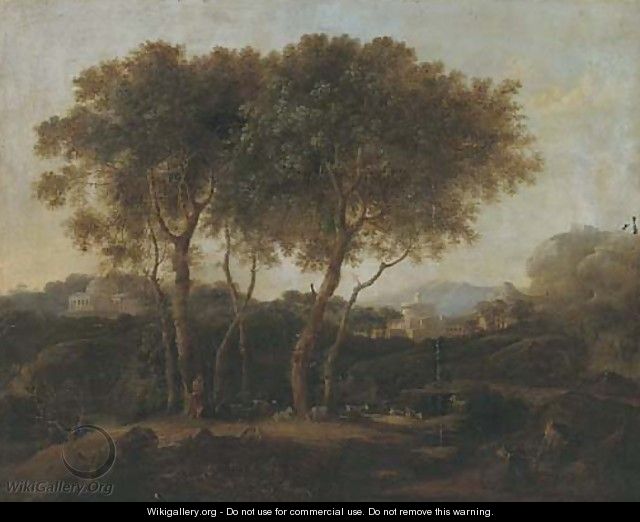 A classical wooded landscape with a goatherd and his flock - (after) Pierre-Antoine Patel