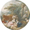 Two shepherdesses with their flocks and herds by an antique spring, classical ruins seen beyond - (after) Pierre-Antoine Baudouin