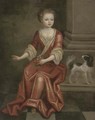 Portrait of a young girl, seated full-length, in a red dress, by a column, holding a sprig of jasmine in her left hand, a spaniel at her side - (after) Mignard, Pierre II