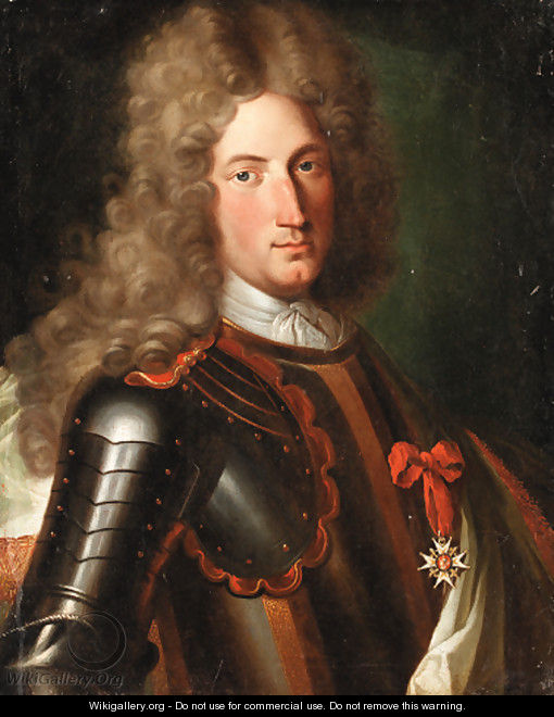 Portrait of a nobleman, said to be Marechal Tourrain, bust-length, in armour, wearing a lace cravat, a wig and the star of the Order of the Garter - (after) Mignard, Pierre II