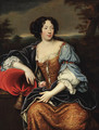 Portrait of a lady, seated, three-quarter-length, in a blue and gold brocade dress and an ermine lined wrap, a wooded landscape beyond - (after) Mignard, Pierre II