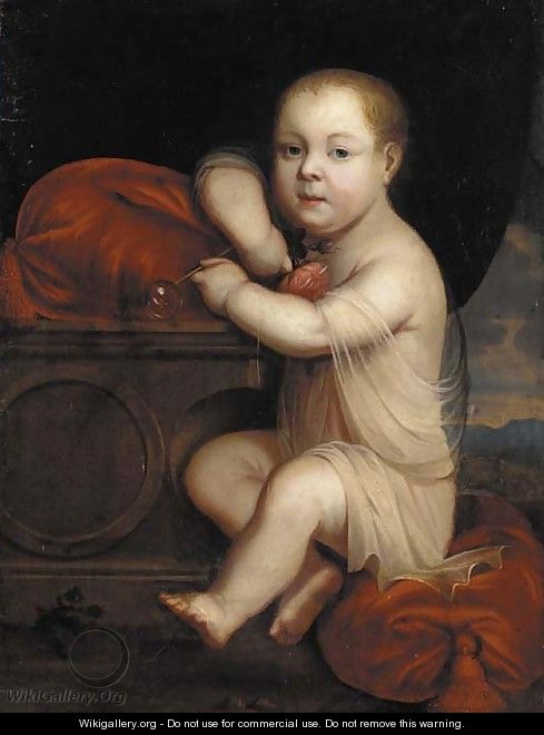 Portrait of a child, full-length, wearing a chiton, blowing a soap bubble and holding a pink rose in his right hand - (after) Mignard, Pierre II