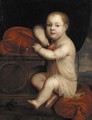 Portrait of a child, full-length, wearing a chiton, blowing a soap bubble and holding a pink rose in his right hand - (after) Mignard, Pierre II