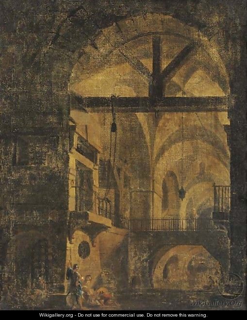 An extensive cellar with soldiers by a canal - (after) Pierre-Antoine Demachy