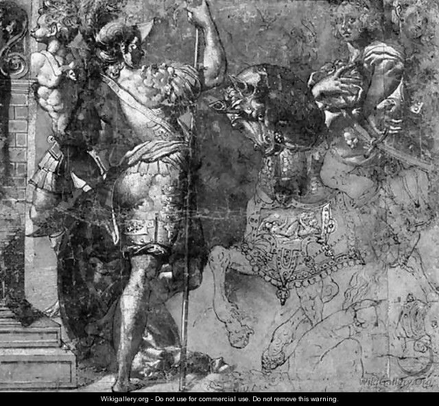 A Warrior On A Horseback And Two Standing Soldiers - (after) Perino Del Vaga (Pietro Bonaccors)
