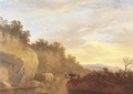 An Italianate landscape with herdsmen and a cow crossing a bridge - (after) Pieter De Molyn
