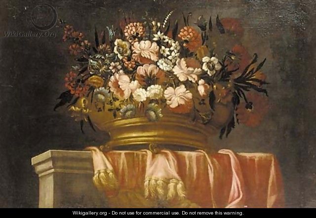 Flowers in an urn on a draped ledge - (after) Pieter Hardime