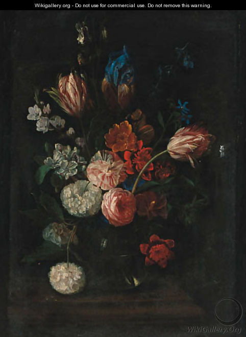 Carnations, tulips, peonies, irises and other flowers in a glass bowl on a ledge - (after) Pieter Hardime