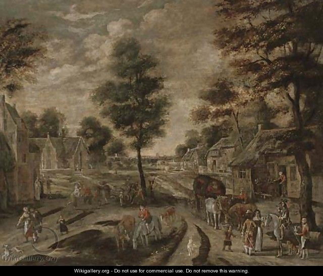 A village street with peasants and travellers - (after) Pieter Gysels