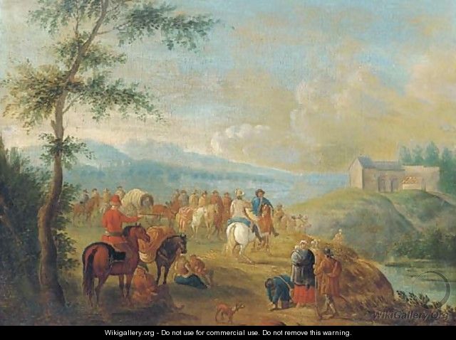 A landscape with travellers at halt by a river - (after) Pieter Gysels