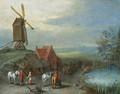 A landscape with a windmill and peasants and horses by a pool - (after) Pieter Gysels