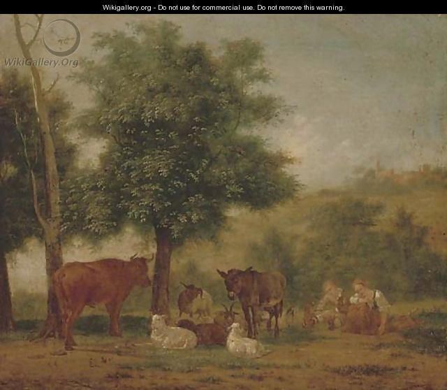 A young couple resting under a tree with animal companions - (after) Pieter Gerardus Van Os