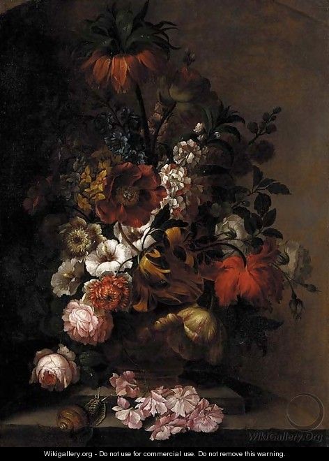 A crown imperial lily, tulips, daffodils, hollyhocks, roses and other flowers in an urn with a snail on a ledge - (after) Pieter Faes