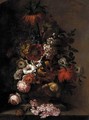 A crown imperial lily, tulips, daffodils, hollyhocks, roses and other flowers in an urn with a snail on a ledge - (after) Pieter Faes