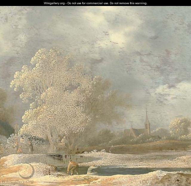 A river landscape with anglers on a river bank, a church beyond - (after) Pieter De Molijn