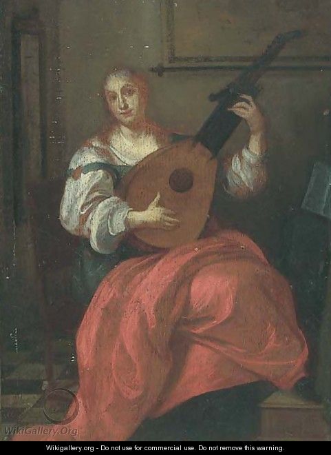 A lady playing a lute in an interior - (after) Pieter De Hooch