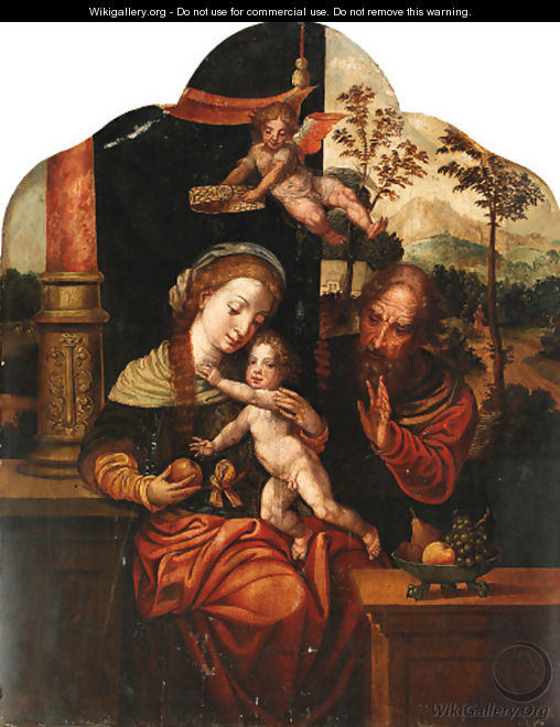 The Holy Family with an angel crowning the Virgin, a landscape beyond - (after) Pieter Coecke Van Aelst