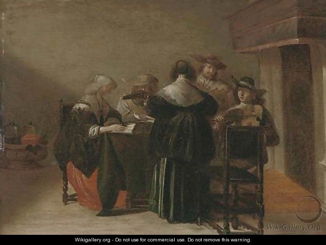 Elegant company making music in an interior - (after) Pieter Codde