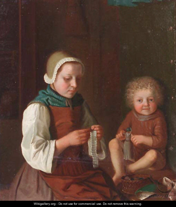 A woman sewing by a table, a child playing with a doll nearby - (after) Pietro Antonio Rotari