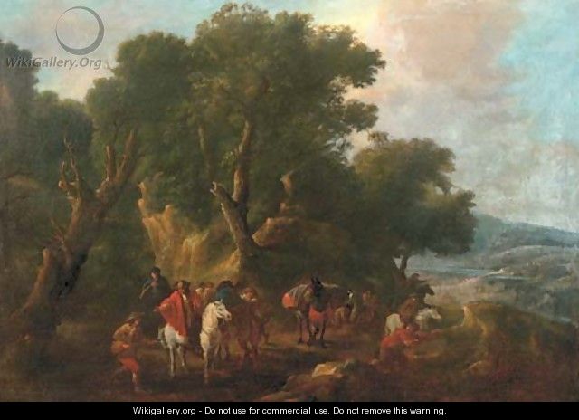 An Italianate wooded landscape with an ambush in the forground - (after) Pieter Van Bloemen