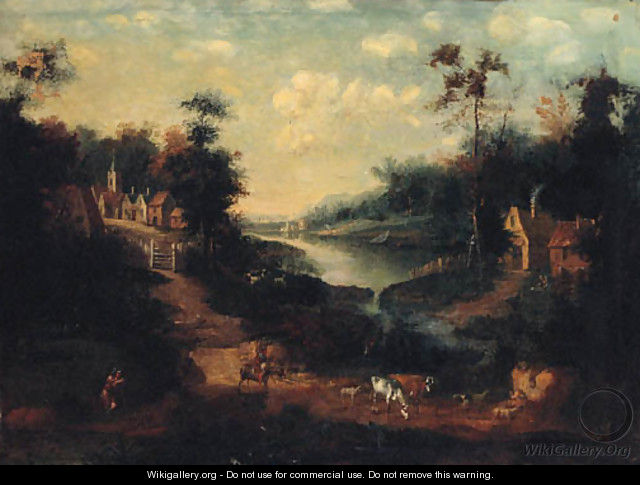A river landscape with drovers on a track outside a village - (after) Peter Tillemans