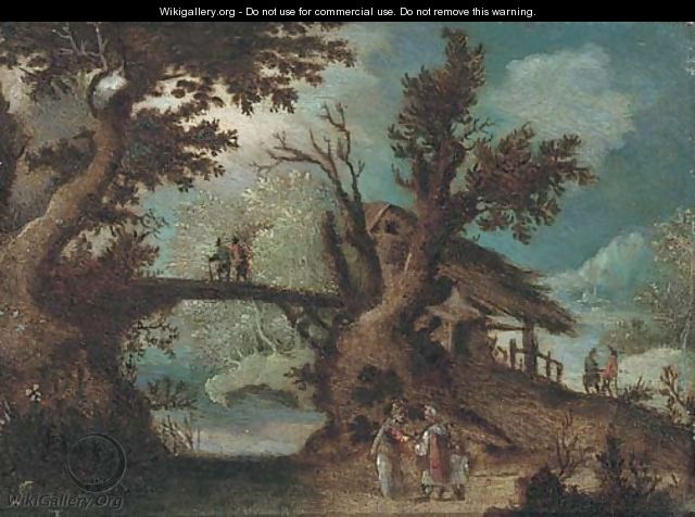 A wooded river landscape with peasants on a path - (after) Pieter Stevens
