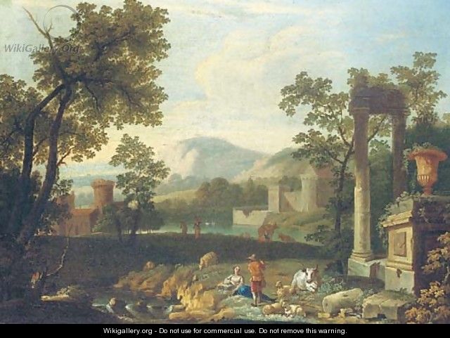 An Italianate landscape with shepherds by classical ruins - (after) Pieter Rysbrack
