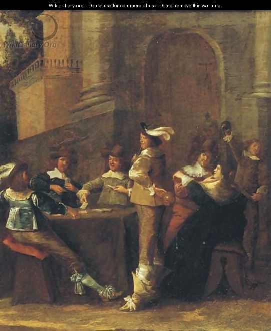 Elegant company playing cards and making merry on a garden terrace - (after) Pieter Jansz. Quast