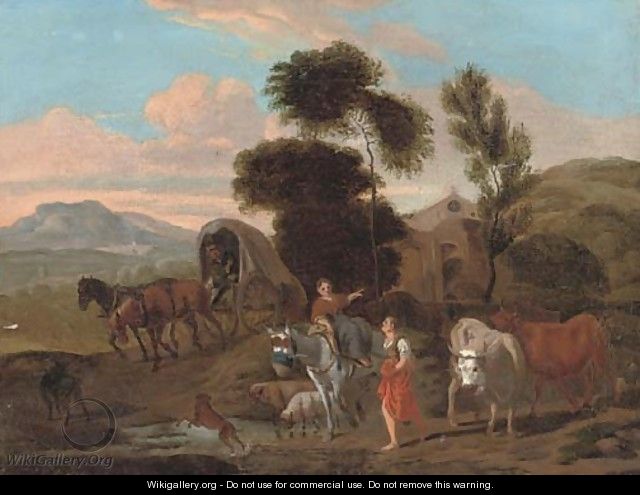An Italianate landscape with travellers by a stream - (after) Michiel Carree