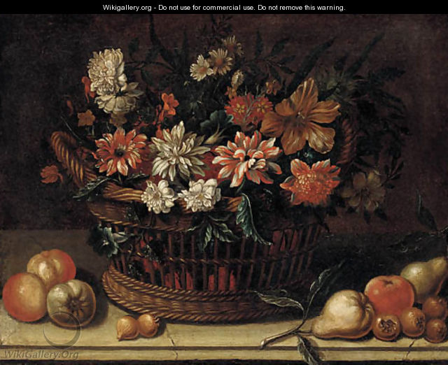 Flowers in a wicker basket with pears, onions and apples on a stone ledge - (after) Michele Pace Del (Michelangelo Di) Campidoglio