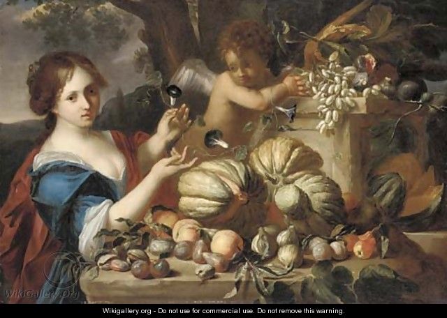 Melons, grapes, plums, peaches, pears, figs and pomegranates on a ledge, with a lady in a blue dress and a putto - (after) Michele Pace Del (Michelangelo Di) Campidoglio