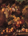 Grapes, apples, plums and figs in a glass bowl with other fruit on a ledge in a landscape - (after) Michele Pace Del (Michelangelo Di) Campidoglio