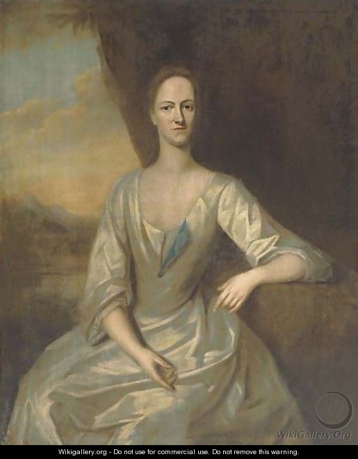 Portrait of Leonora Frederick, Mrs Romney Diggle, three-quarter-length, seated, in a white dress, her left arm resting on a plinth - (after) Dahl, Michael