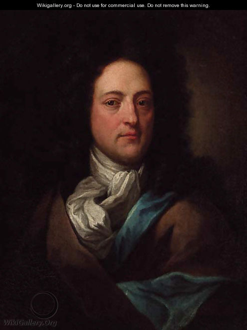 Portrait of a gentleman, quarter-length, in a brown wrap and white stock - (after) Dahl, Michael