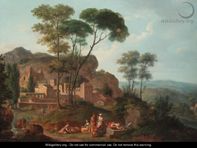 An Italianate landscape with figures resting by a fountain, a town beyond - (after) Nicolas-Didier Boguet